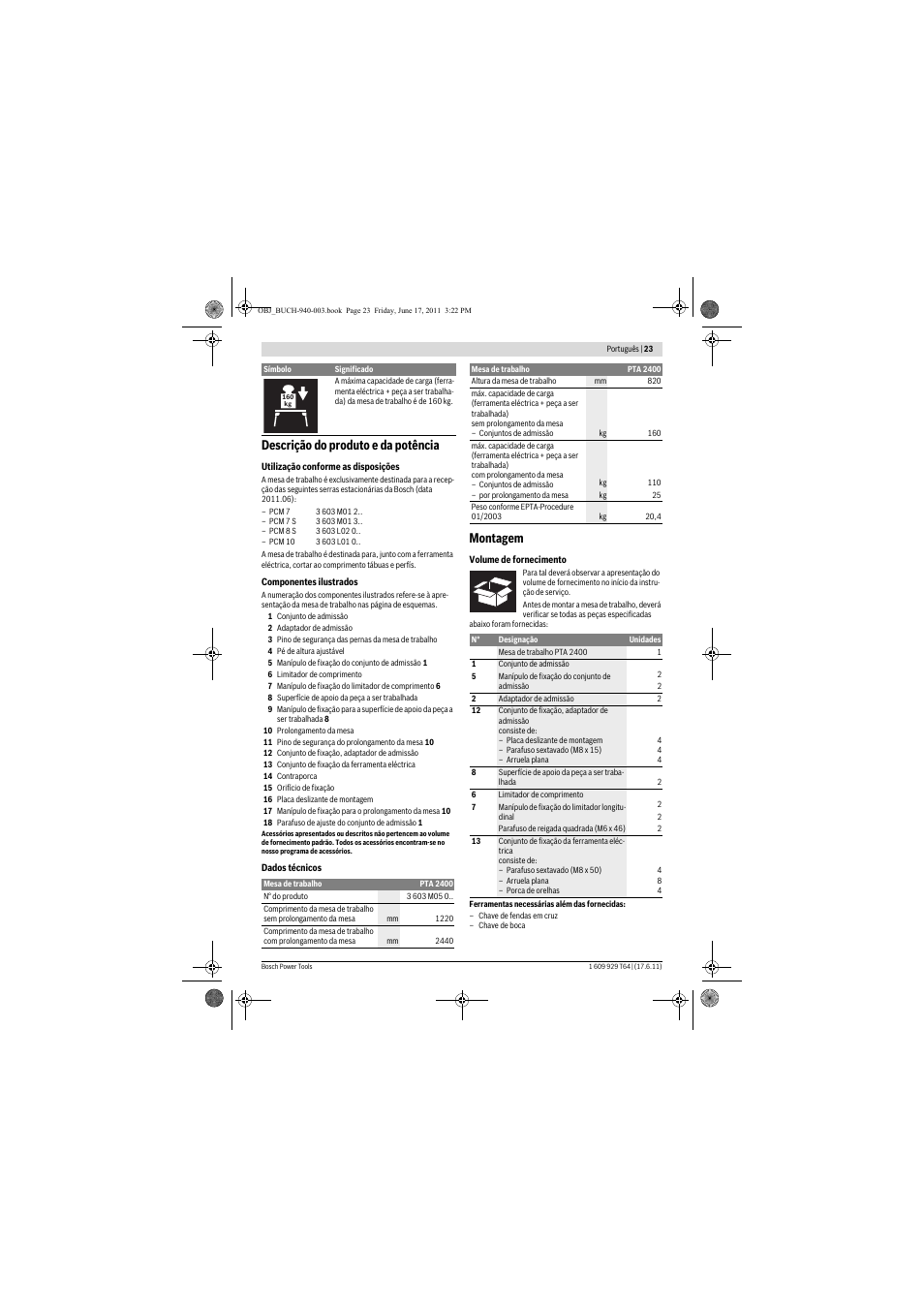 Descrição do produto e da potência, Montagem | Bosch PTA 2400 User Manual | Page 23 / 91