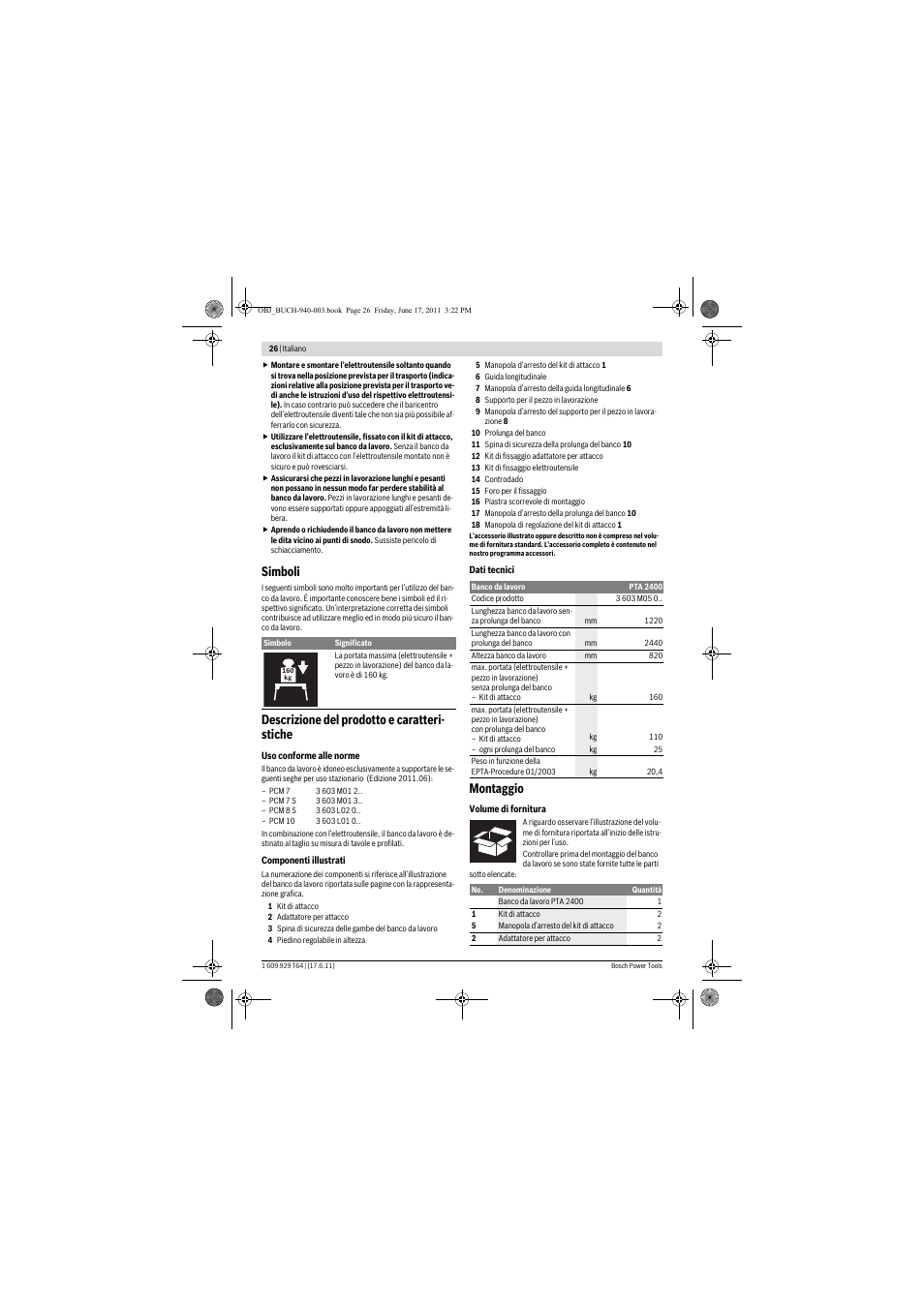 Simboli, Descrizione del prodotto e caratteri- stiche, Montaggio | Bosch PTA 2400 User Manual | Page 26 / 91