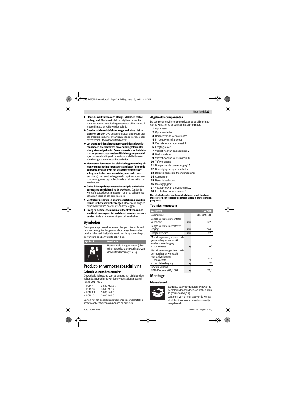 Symbolen, Product- en vermogensbeschrijving, Montage | Bosch PTA 2400 User Manual | Page 29 / 91