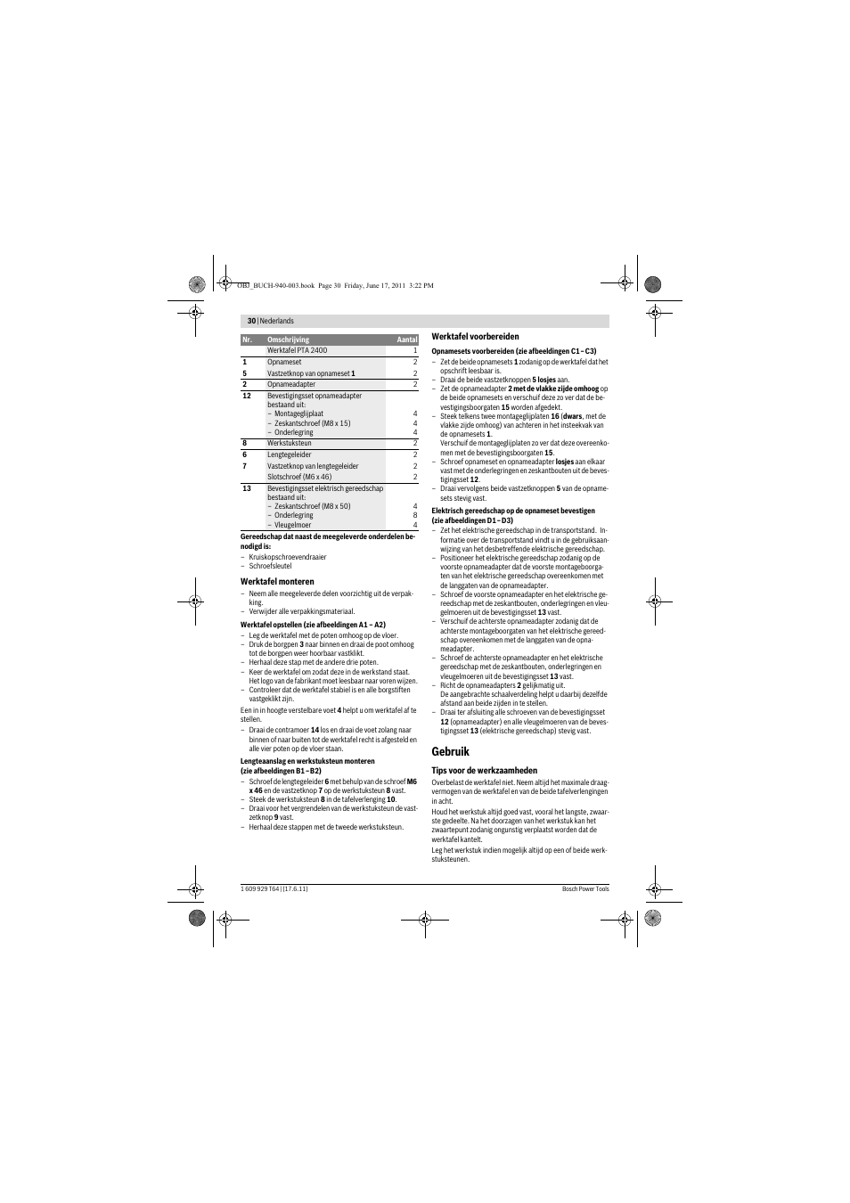 Gebruik | Bosch PTA 2400 User Manual | Page 30 / 91