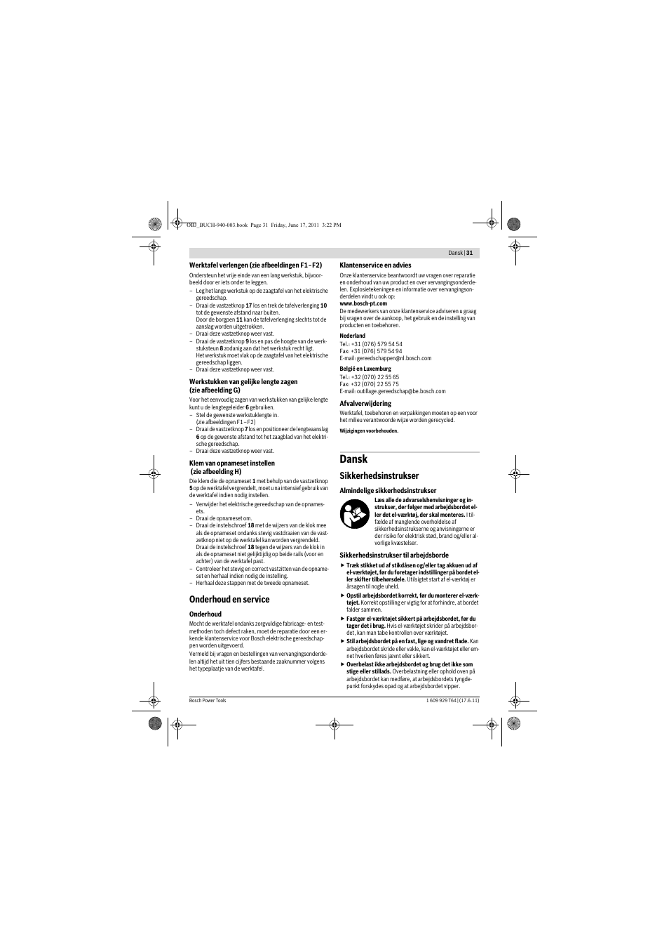 Dansk, Onderhoud en service, Sikkerhedsinstrukser | Bosch PTA 2400 User Manual | Page 31 / 91