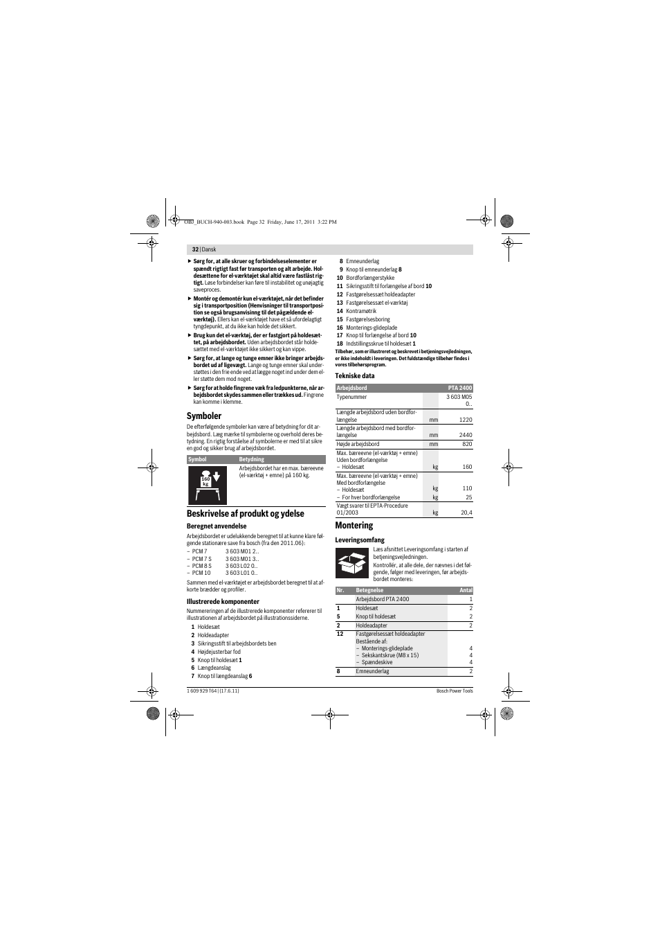 Symboler, Beskrivelse af produkt og ydelse, Montering | Bosch PTA 2400 User Manual | Page 32 / 91