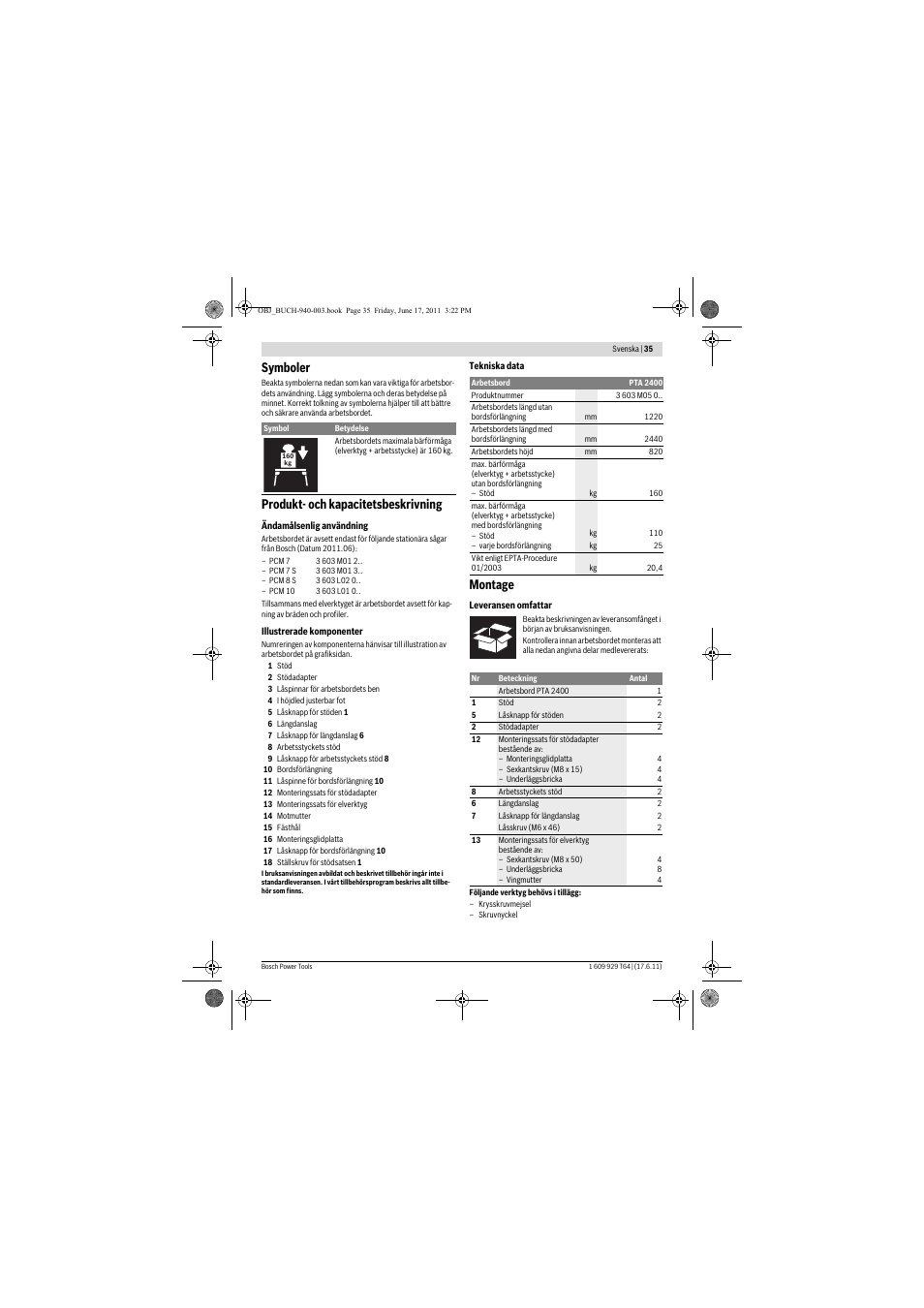 Symboler, Produkt- och kapacitetsbeskrivning, Montage | Bosch PTA 2400 User Manual | Page 35 / 91