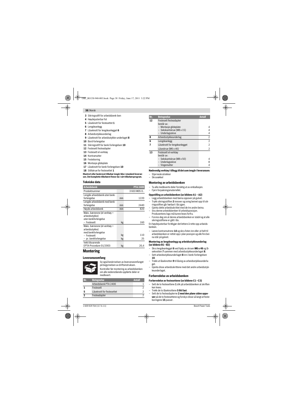 Montering | Bosch PTA 2400 User Manual | Page 38 / 91