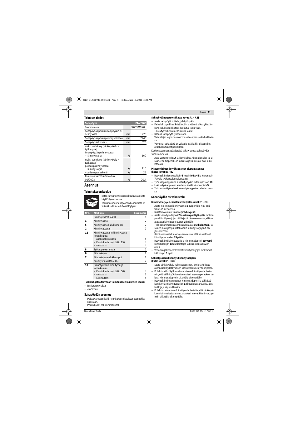 Asennus | Bosch PTA 2400 User Manual | Page 41 / 91