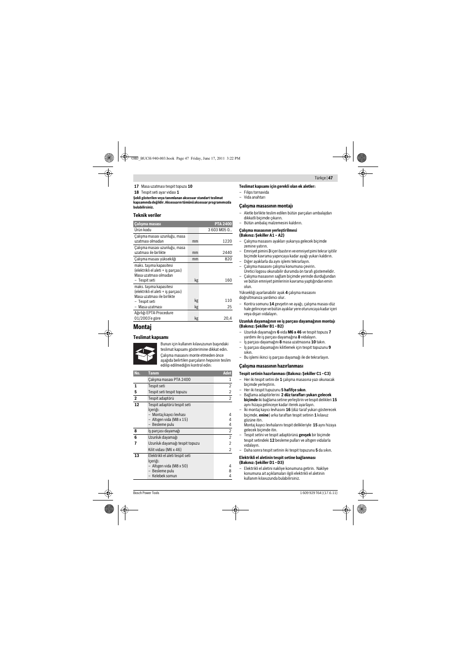 Montaj | Bosch PTA 2400 User Manual | Page 47 / 91