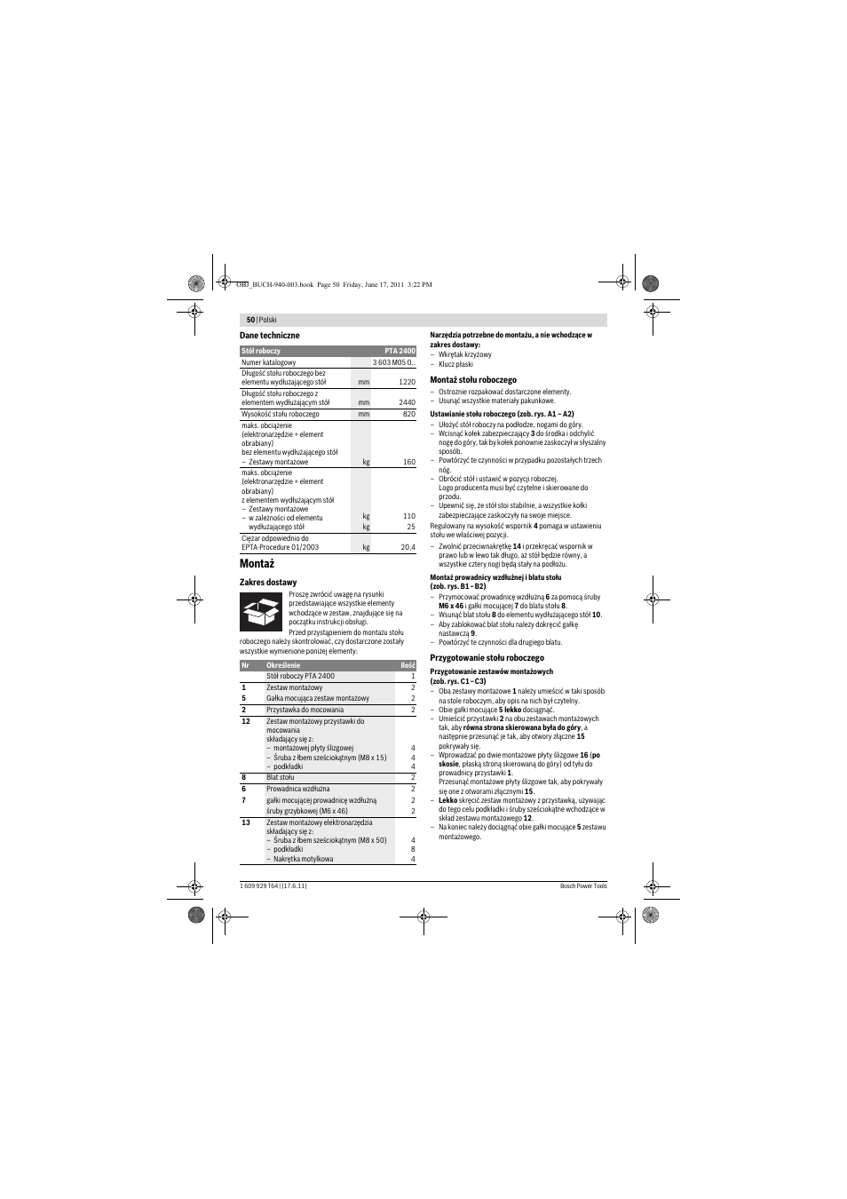 Montaż | Bosch PTA 2400 User Manual | Page 50 / 91