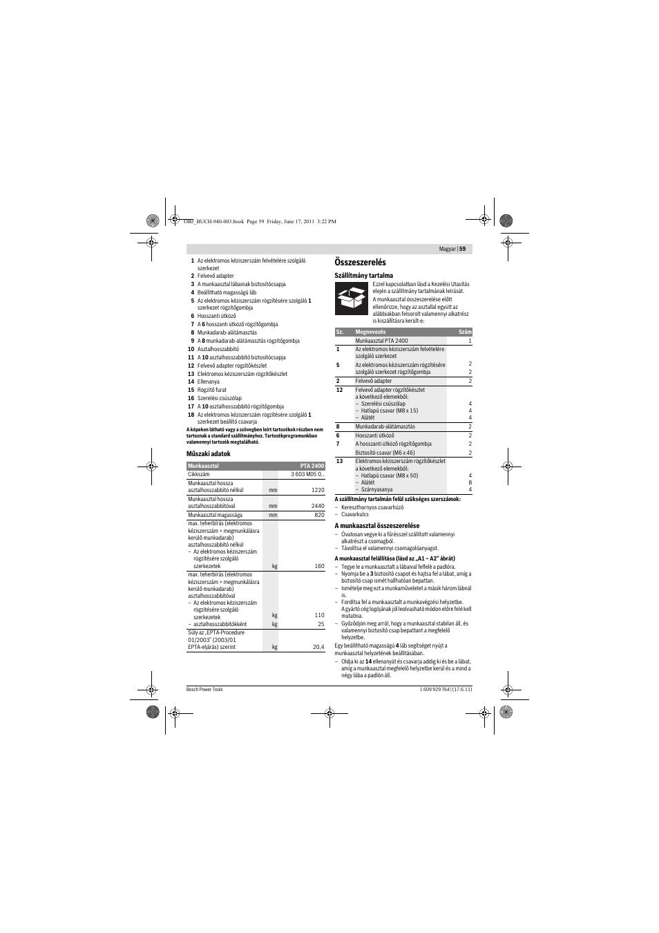 Összeszerelés | Bosch PTA 2400 User Manual | Page 59 / 91