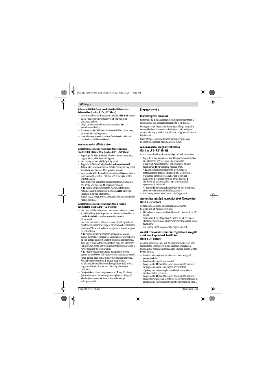 Üzemeltetés | Bosch PTA 2400 User Manual | Page 60 / 91