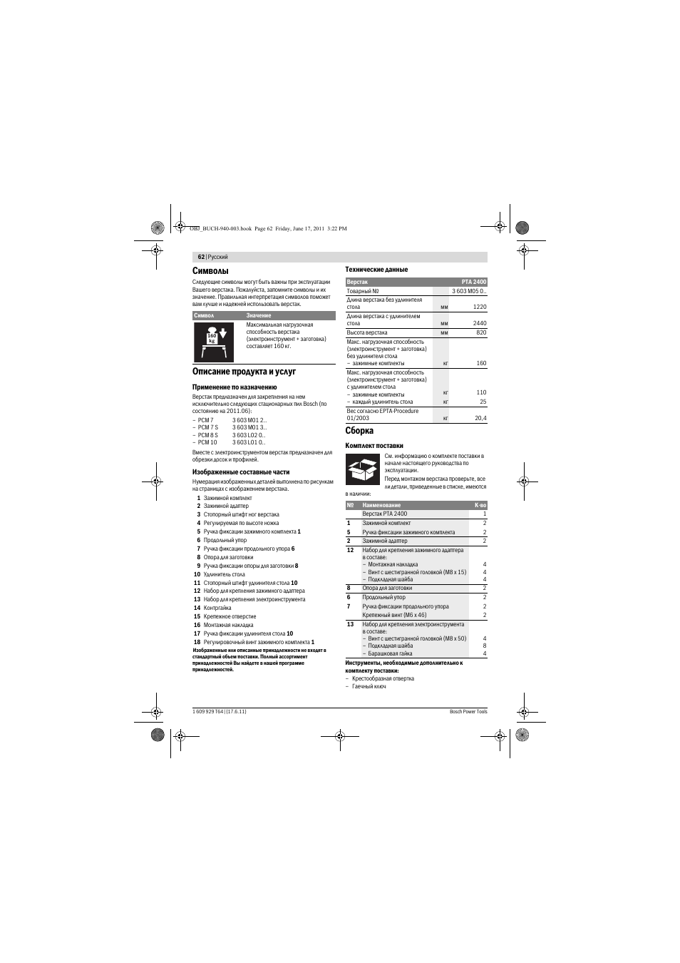 Символы, Описание продукта и услуг, Сборка | Bosch PTA 2400 User Manual | Page 62 / 91