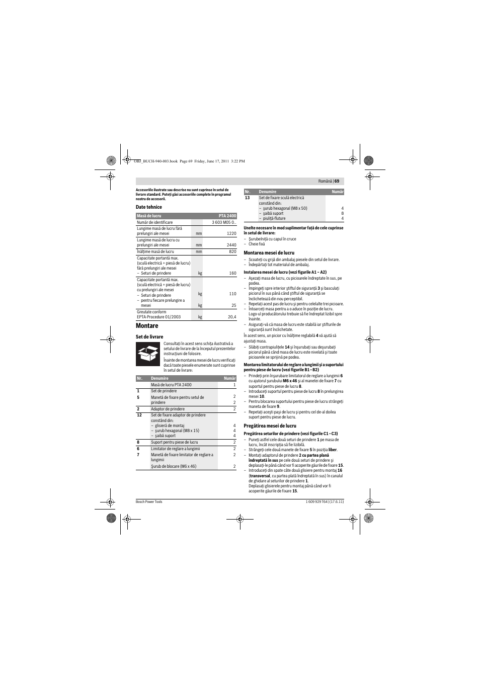 Montare | Bosch PTA 2400 User Manual | Page 69 / 91