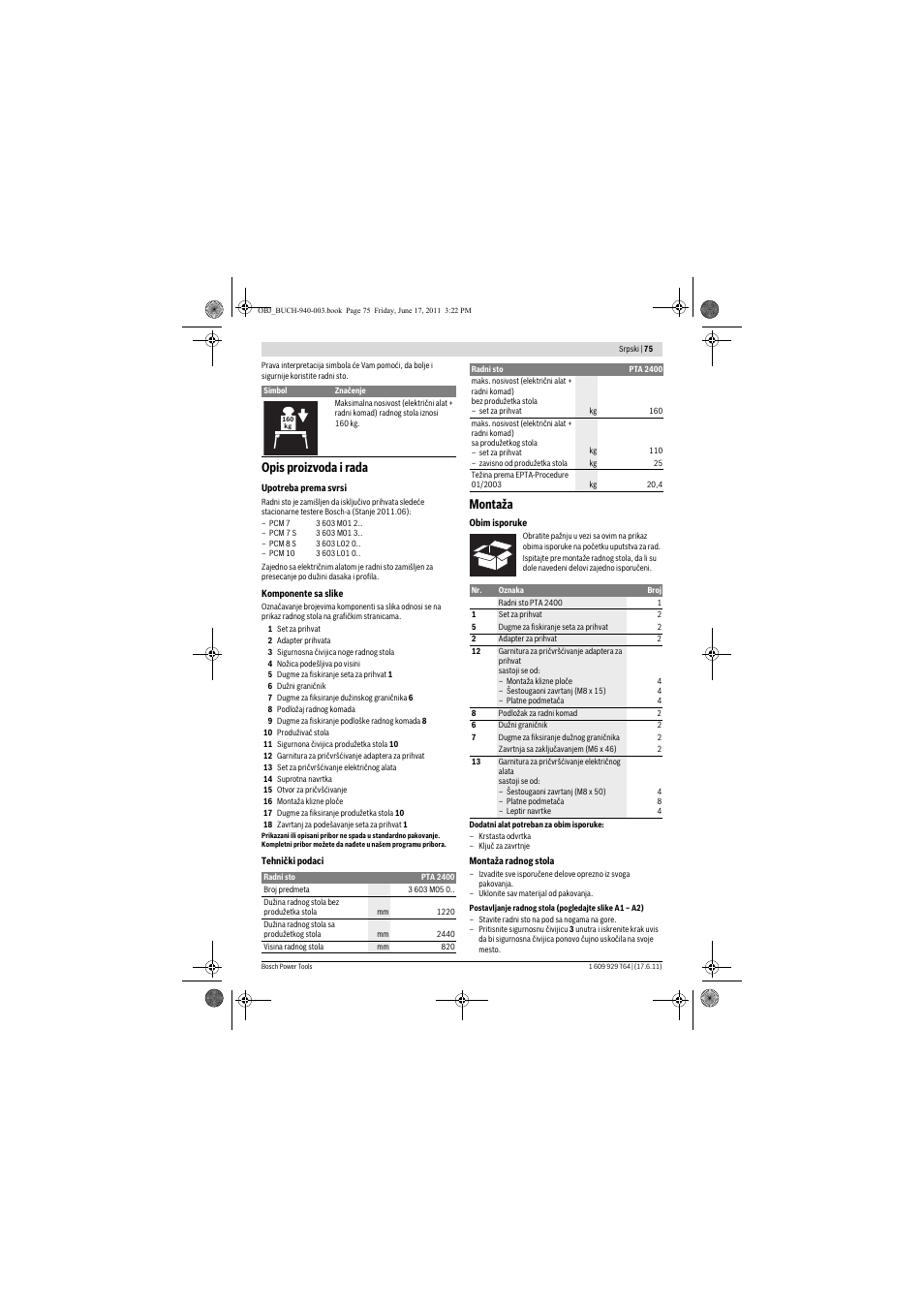 Opis proizvoda i rada, Montaža | Bosch PTA 2400 User Manual | Page 75 / 91