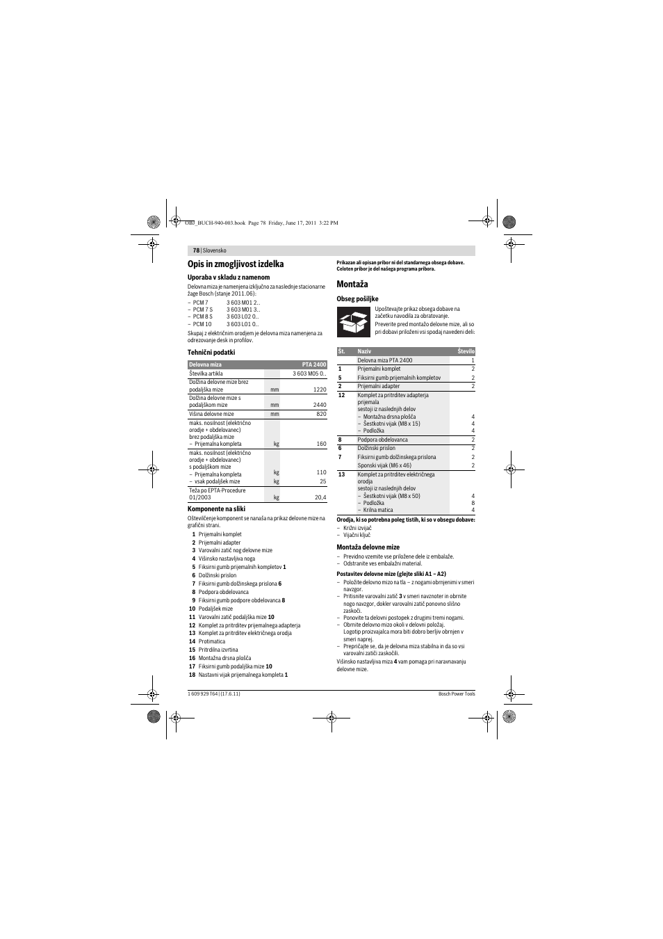 Opis in zmogljivost izdelka, Montaža | Bosch PTA 2400 User Manual | Page 78 / 91