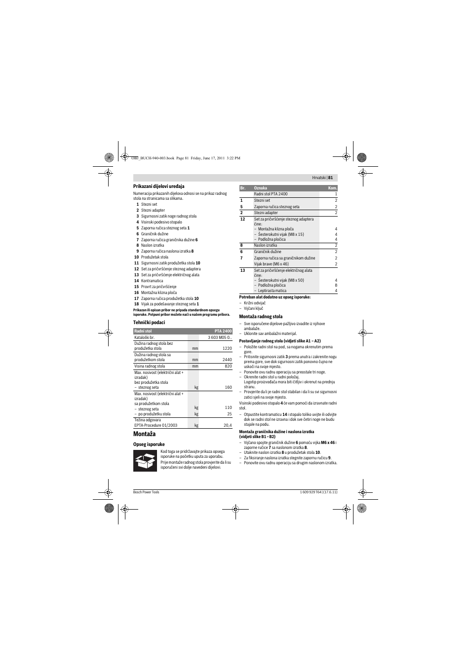 Montaža | Bosch PTA 2400 User Manual | Page 81 / 91