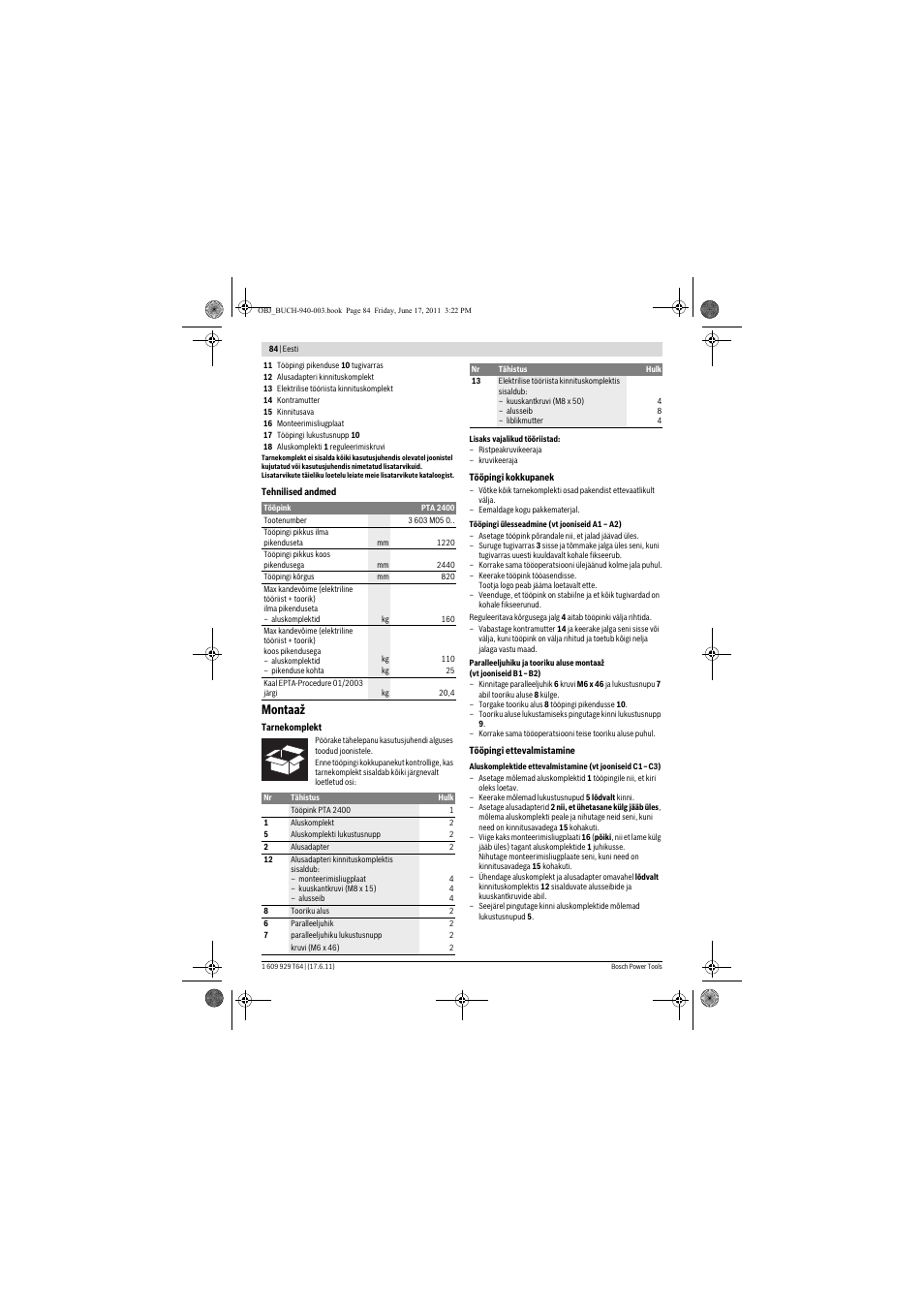 Montaaž | Bosch PTA 2400 User Manual | Page 84 / 91