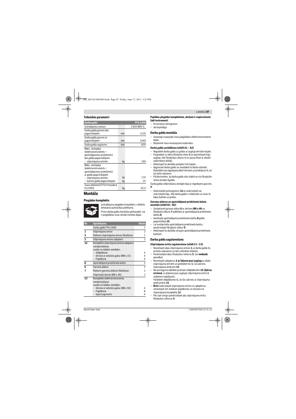 Montāža | Bosch PTA 2400 User Manual | Page 87 / 91