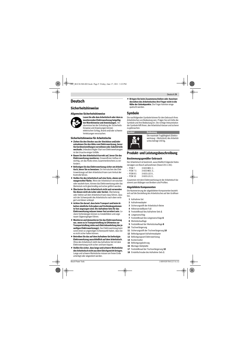 Deutsch, Sicherheitshinweise, Symbole | Produkt- und leistungsbeschreibung | Bosch PTA 2400 User Manual | Page 9 / 91