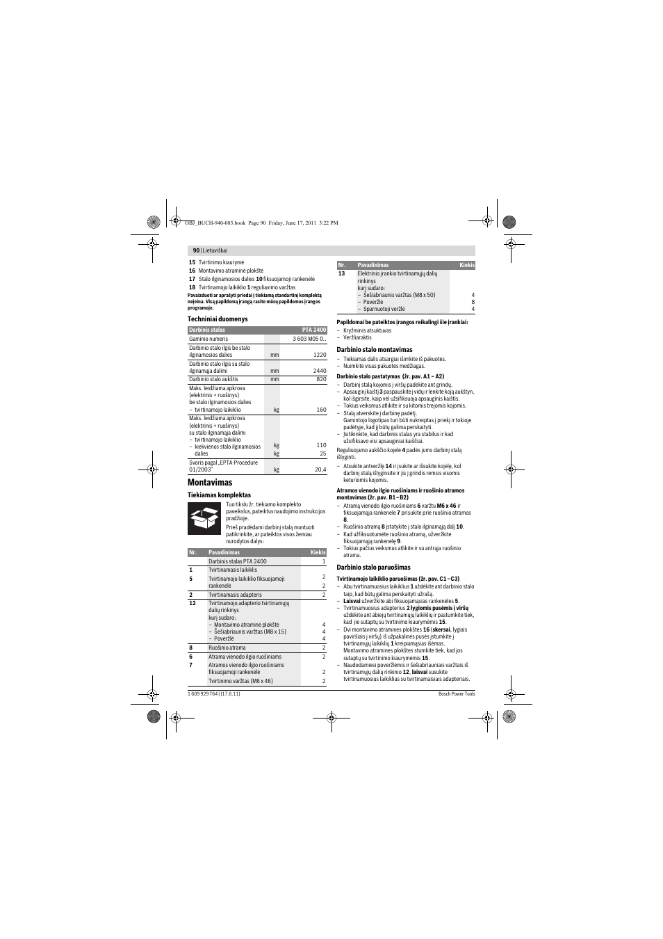 Montavimas | Bosch PTA 2400 User Manual | Page 90 / 91