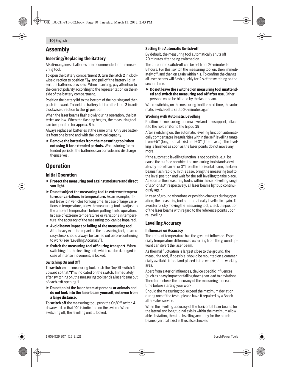 Assembly, Operation | Bosch GPL 5 Professional User Manual | Page 10 / 162