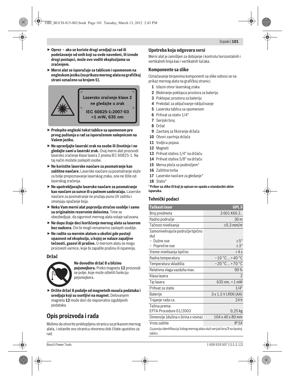 Opis proizvoda i rada | Bosch GPL 5 Professional User Manual | Page 101 / 162