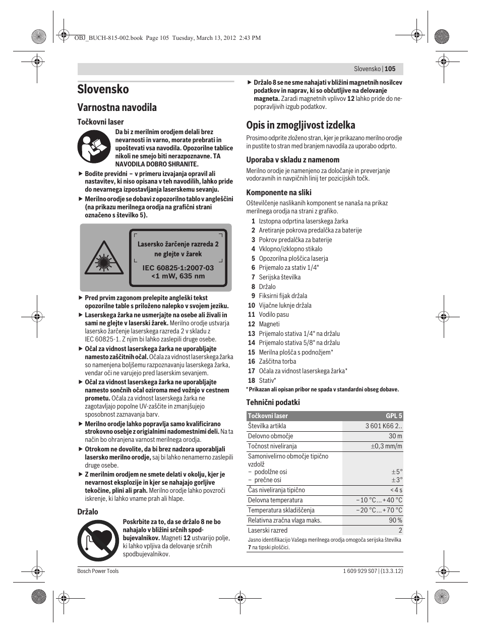 Slovensko, Varnostna navodila, Opis in zmogljivost izdelka | Bosch GPL 5 Professional User Manual | Page 105 / 162