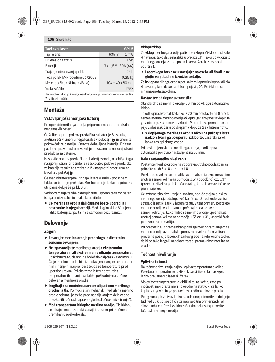 Montaža, Delovanje | Bosch GPL 5 Professional User Manual | Page 106 / 162