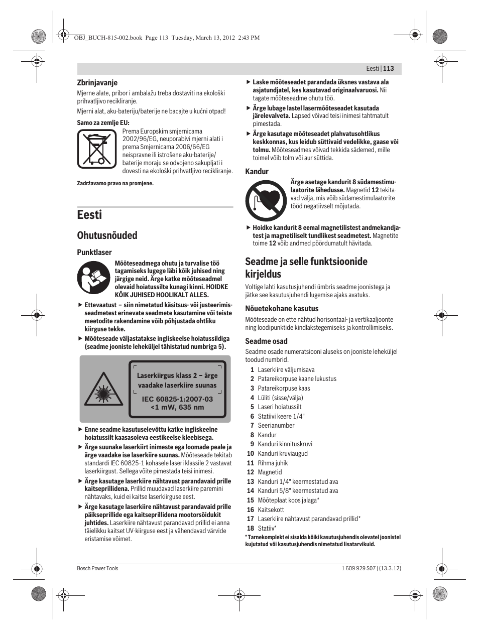 Eesti, Ohutusnõuded, Seadme ja selle funktsioonide kirjeldus | Bosch GPL 5 Professional User Manual | Page 113 / 162