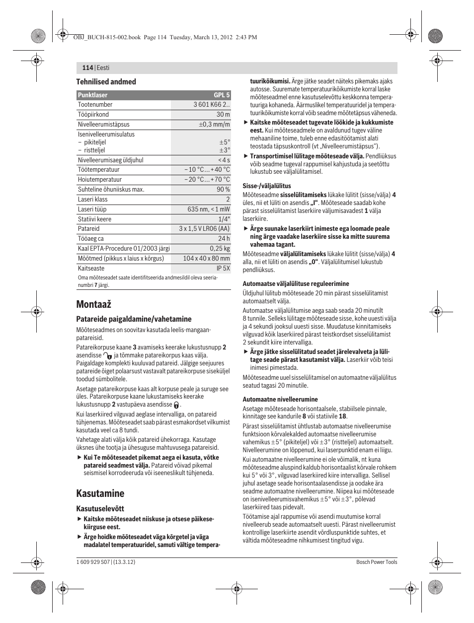 Montaaž, Kasutamine | Bosch GPL 5 Professional User Manual | Page 114 / 162