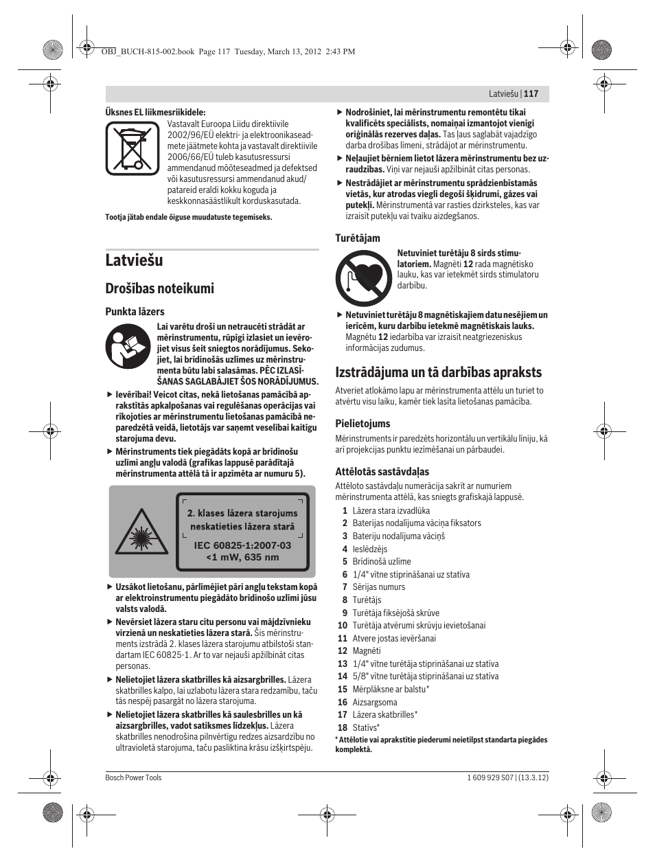 Latviešu, Izstrādājuma un tā darbības apraksts | Bosch GPL 5 Professional User Manual | Page 117 / 162