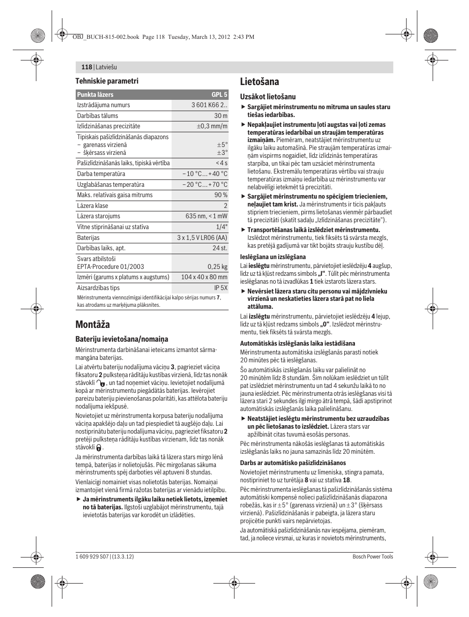Montāža, Lietošana | Bosch GPL 5 Professional User Manual | Page 118 / 162