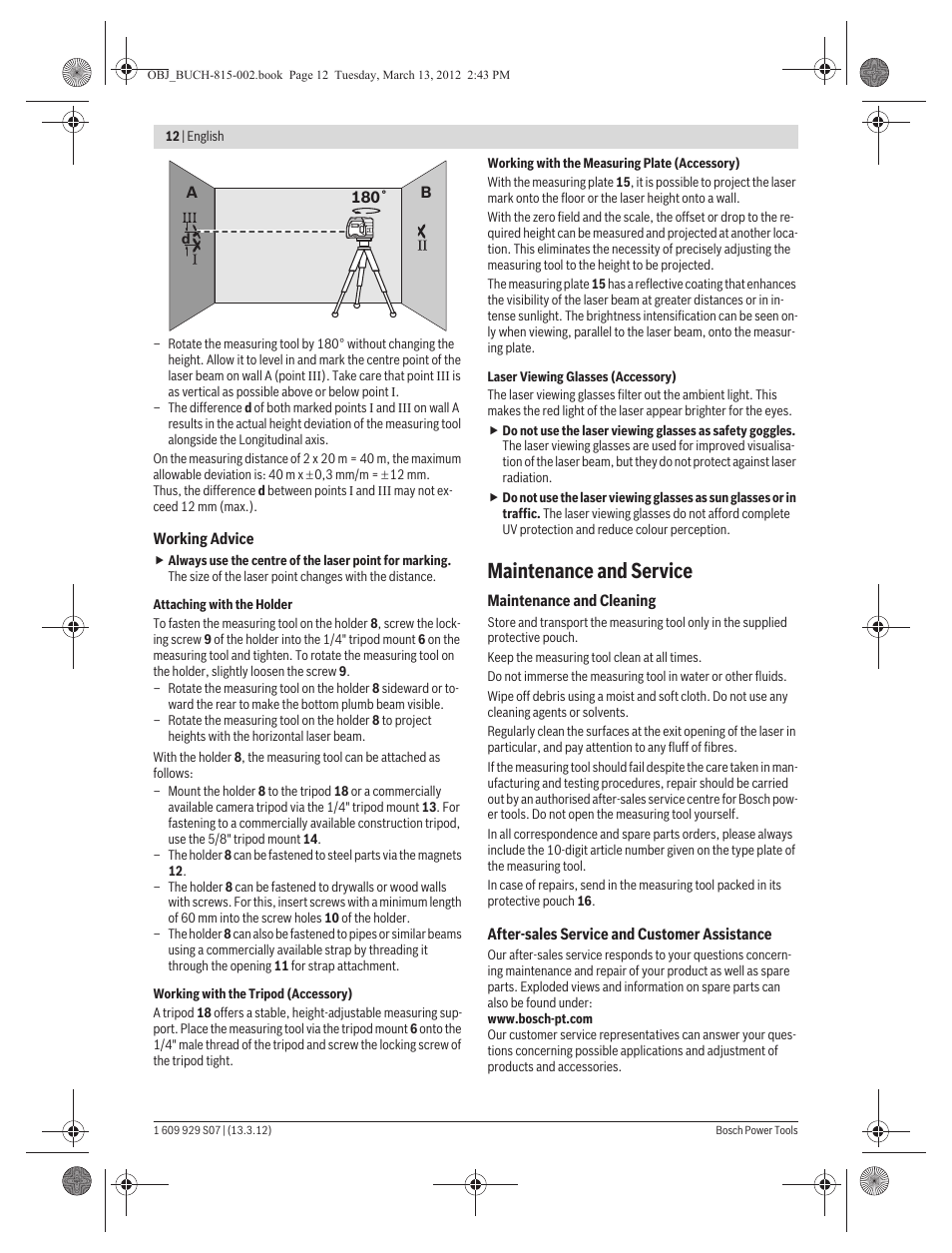 Maintenance and service | Bosch GPL 5 Professional User Manual | Page 12 / 162