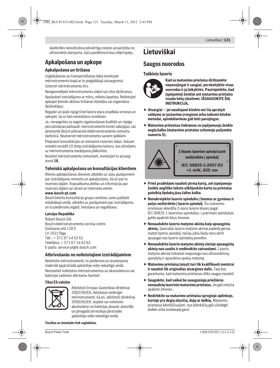 Lietuviškai, Apkalpošana un apkope, Saugos nuorodos | Bosch GPL 5 Professional User Manual | Page 121 / 162