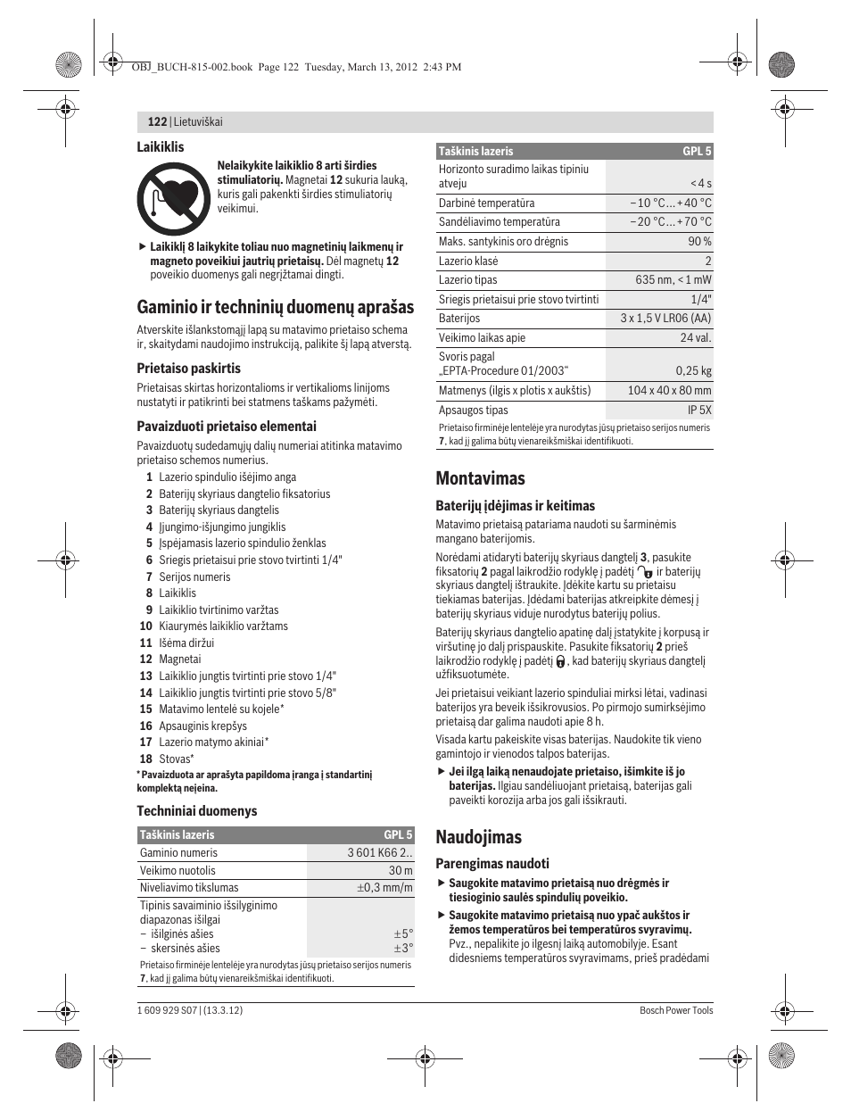 Gaminio ir techninių duomenų aprašas, Montavimas, Naudojimas | Bosch GPL 5 Professional User Manual | Page 122 / 162