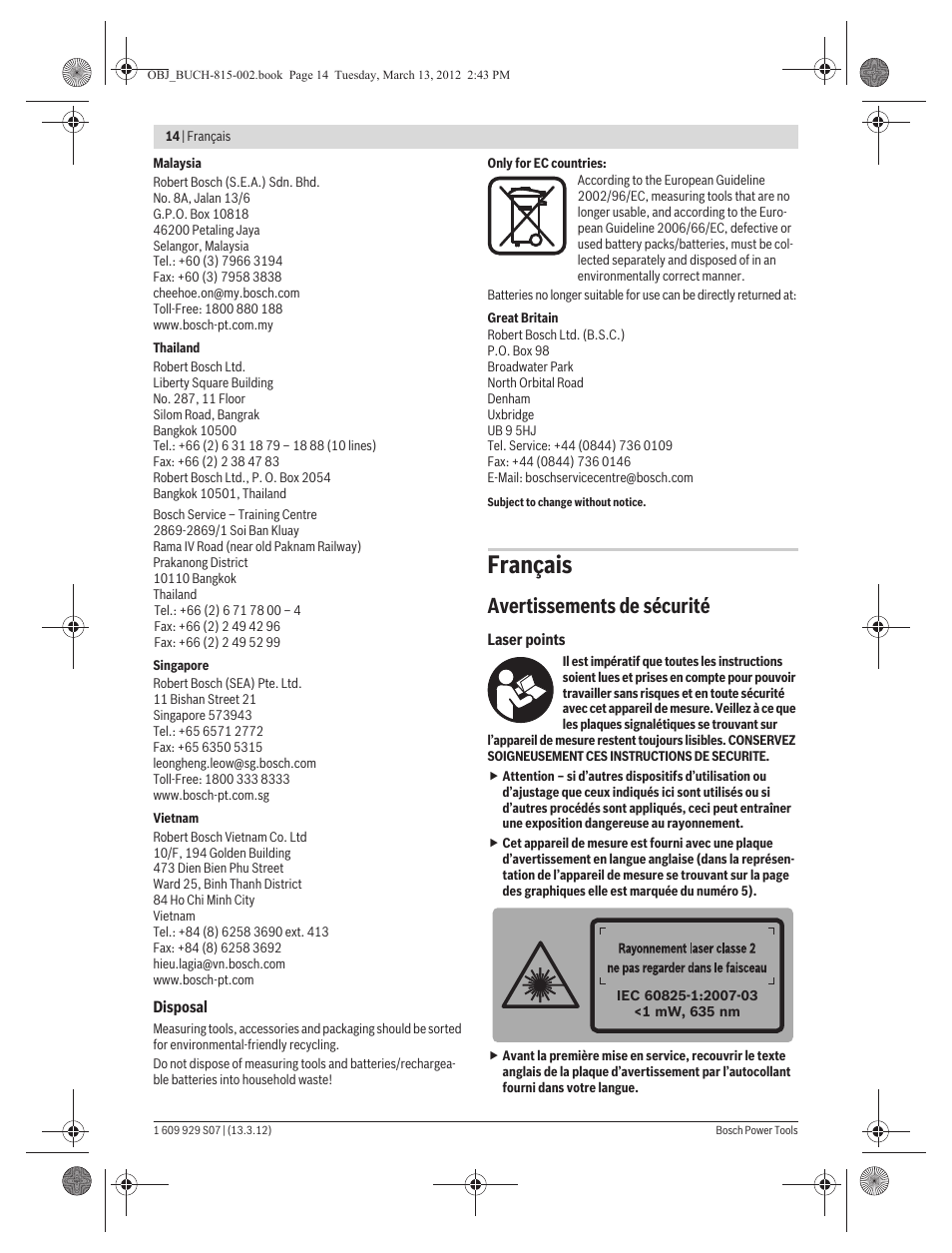 Français, Avertissements de sécurité | Bosch GPL 5 Professional User Manual | Page 14 / 162