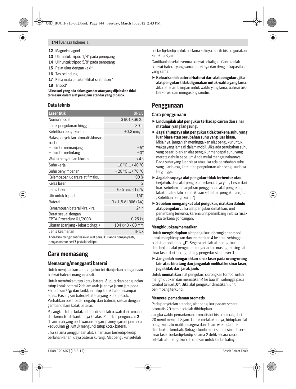 Cara memasang, Penggunaan | Bosch GPL 5 Professional User Manual | Page 144 / 162