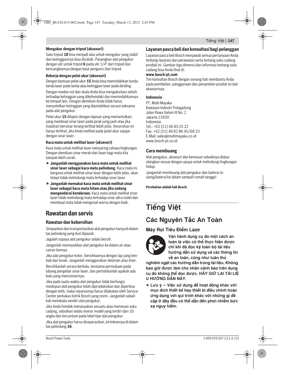 Tiøng vi·t, Rawatan dan servis, C¯c nguy›n täc an toμn | Bosch GPL 5 Professional User Manual | Page 147 / 162