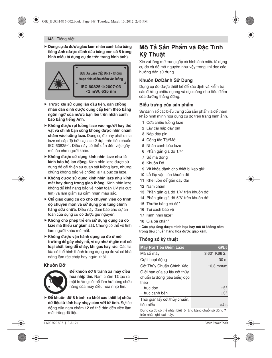 Mä tω sωn ph¤m vμ [◊c tflnh kþ thuÿt | Bosch GPL 5 Professional User Manual | Page 148 / 162