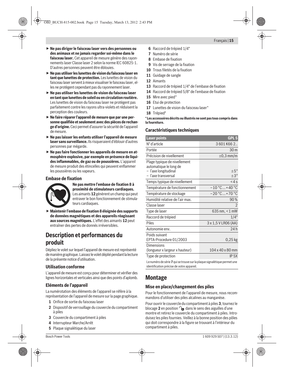 Description et performances du produit, Montage | Bosch GPL 5 Professional User Manual | Page 15 / 162