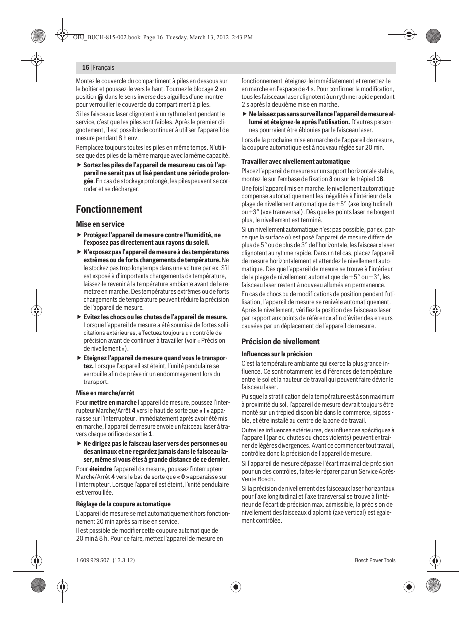 Fonctionnement | Bosch GPL 5 Professional User Manual | Page 16 / 162