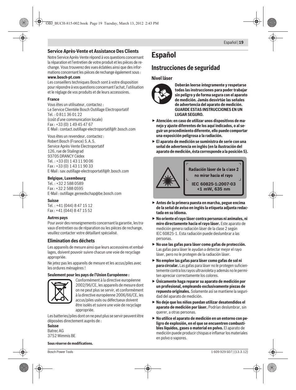 Español, Instrucciones de seguridad | Bosch GPL 5 Professional User Manual | Page 19 / 162
