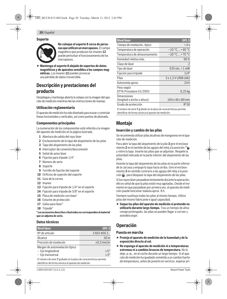Descripción y prestaciones del producto, Montaje, Operación | Bosch GPL 5 Professional User Manual | Page 20 / 162