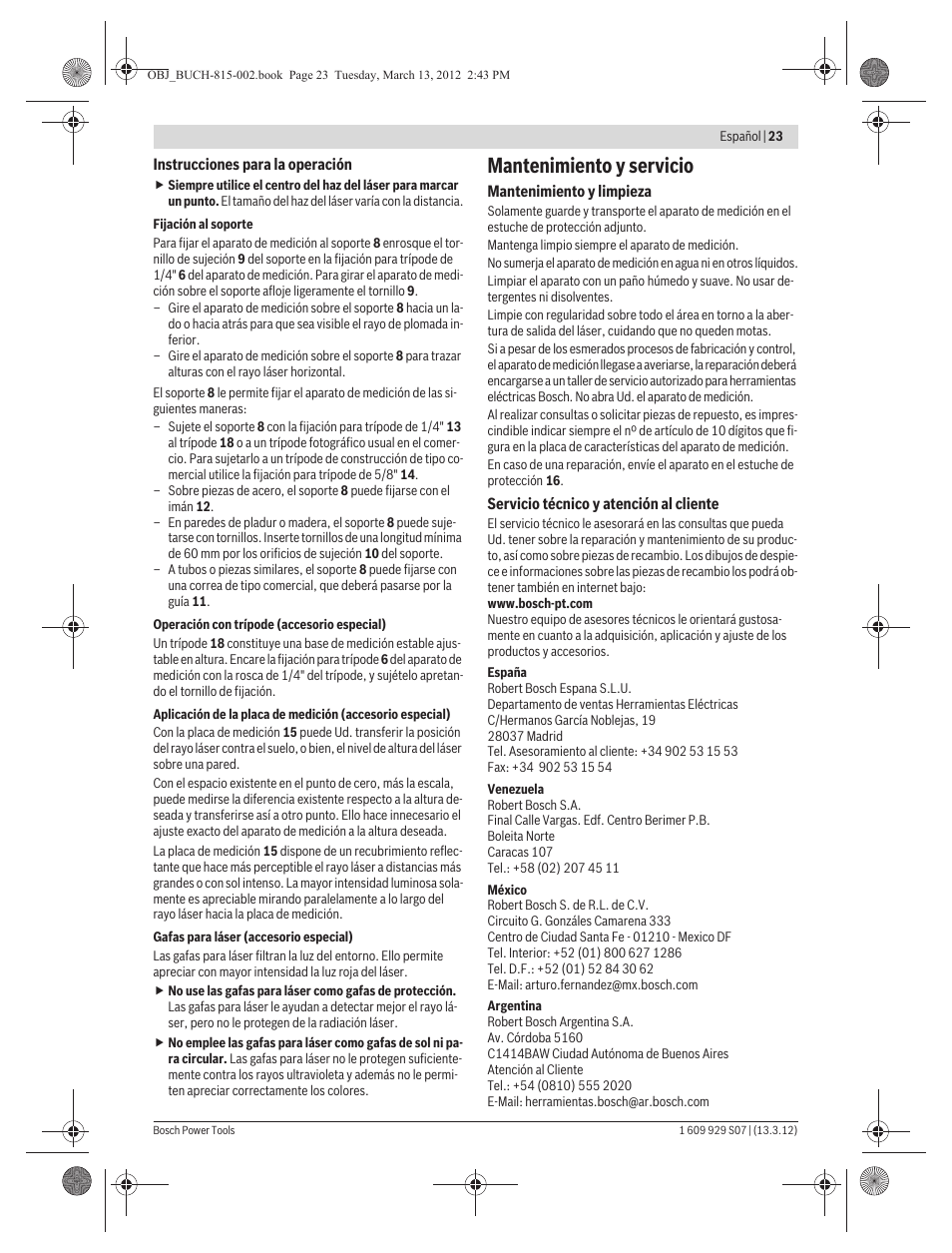 Mantenimiento y servicio | Bosch GPL 5 Professional User Manual | Page 23 / 162