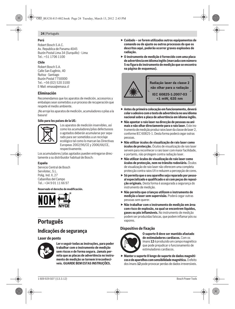 Português, Indicações de segurança | Bosch GPL 5 Professional User Manual | Page 24 / 162