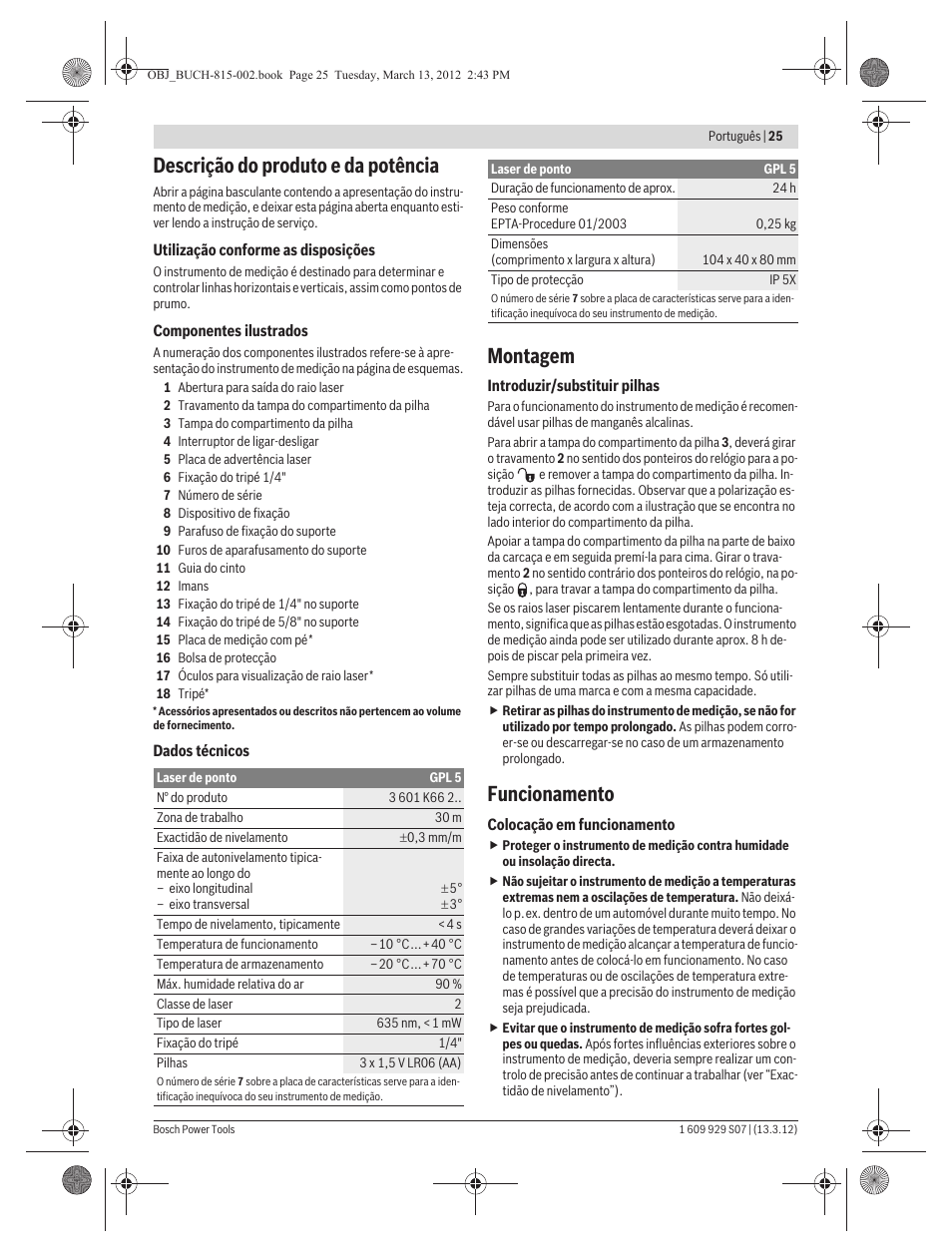 Descrição do produto e da potência, Montagem, Funcionamento | Bosch GPL 5 Professional User Manual | Page 25 / 162