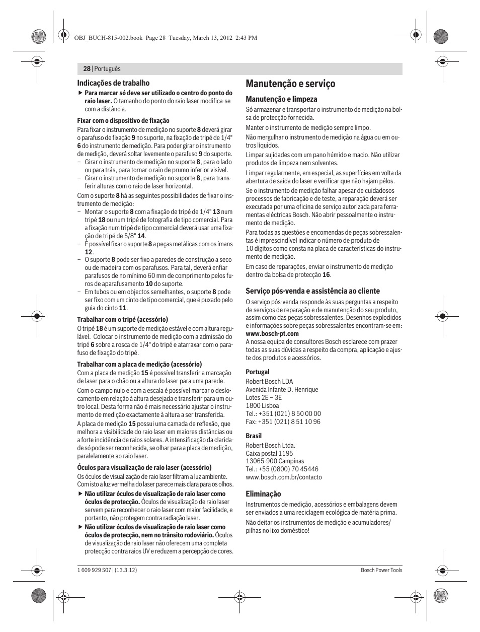 Manutenção e serviço | Bosch GPL 5 Professional User Manual | Page 28 / 162