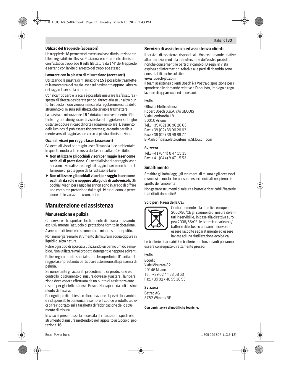 Manutenzione ed assistenza | Bosch GPL 5 Professional User Manual | Page 33 / 162