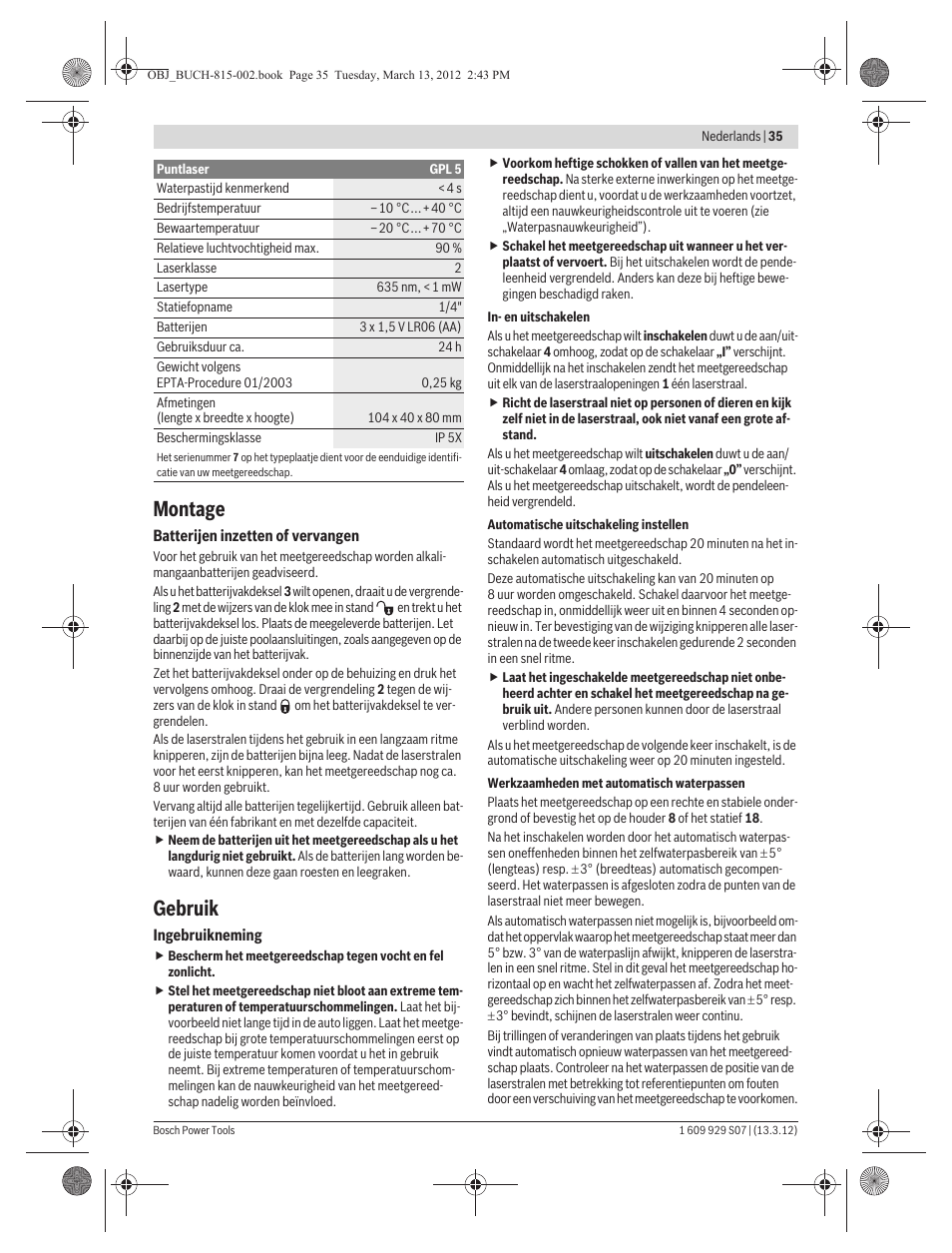 Montage, Gebruik | Bosch GPL 5 Professional User Manual | Page 35 / 162