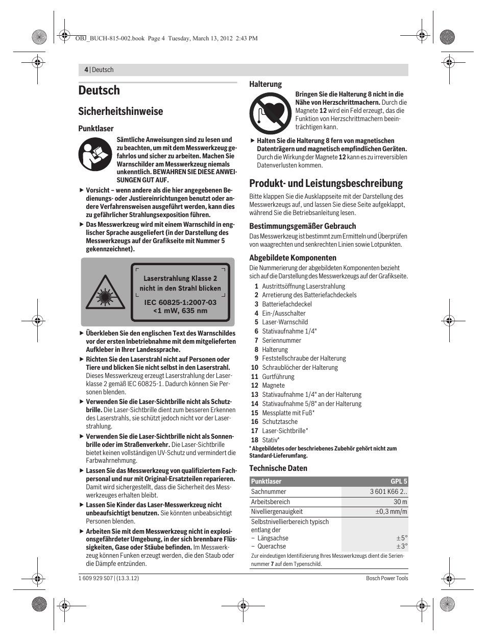 Deutsch, Sicherheitshinweise, Produkt- und leistungsbeschreibung | Bosch GPL 5 Professional User Manual | Page 4 / 162