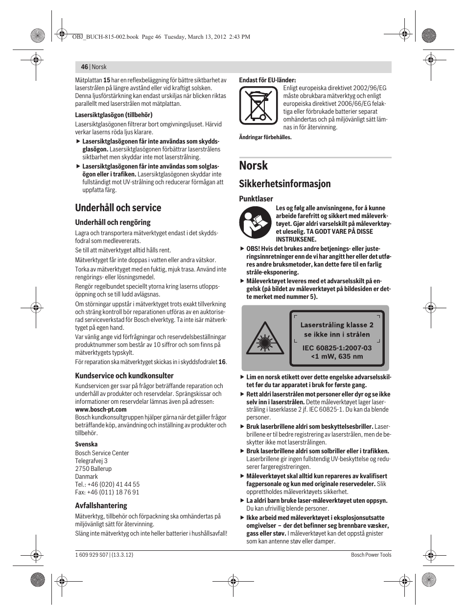 Norsk, Underhåll och service, Sikkerhetsinformasjon | Bosch GPL 5 Professional User Manual | Page 46 / 162