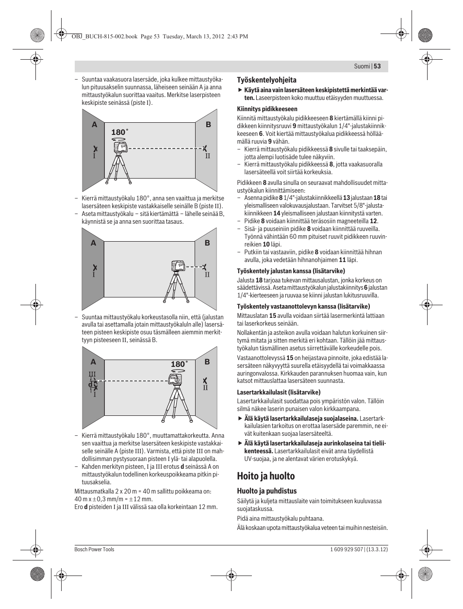 Hoito ja huolto | Bosch GPL 5 Professional User Manual | Page 53 / 162